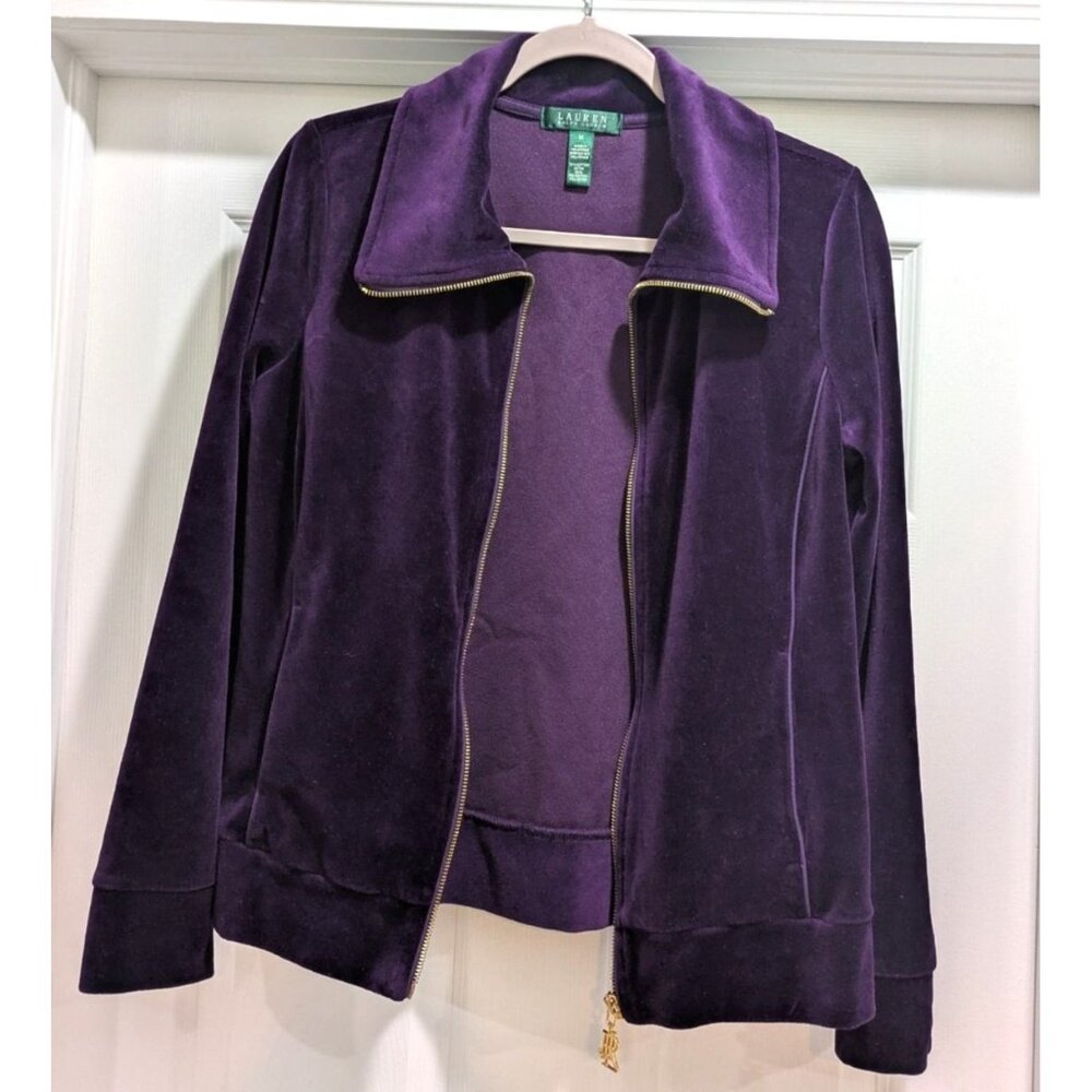Lauren Ralph Lauren Womens Purple Velour Zip Jacket Medium Gold Zipper Mob Wife